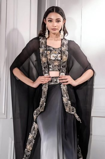 FASHIONABLE SATIN EMBROIDERY SEQUENCE BLOUSE DHOTI WITH SHRUG BLACK