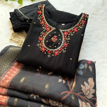 FASHIONABLE SOFT SILK THREAD SEQUENCE HAND WORK TOP BOTTOM WITH DUPATTA BLACK