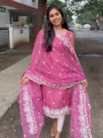 FASHIONABLE TABBY ORGANZA SILK EMBROIDERY WORK TOP WITH DUPATTA PINK