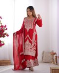 FASHIONABLE VICHITRA SILK EMBROIDERY SEQUENCE WORK TOP PALAZZO WITH DUPATTA RED