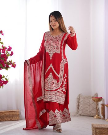 FASHIONABLE VICHITRA SILK EMBROIDERY SEQUENCE WORK TOP PALAZZO WITH DUPATTA RED