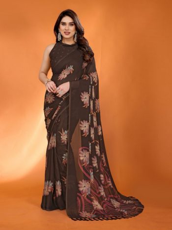 LATEST CHIFFON FOIL PRINTED SAREE WITH UNSTITCHED BLOUSE BROWN