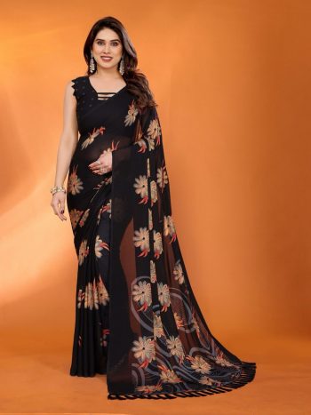 LATEST CHIFFON FOIL PRINTED SAREE WITH UNSTITCHED BLOUSE BLACK