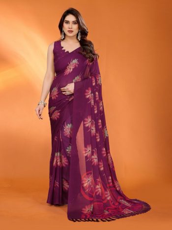 LATEST CHIFFON FOIL PRINTED SAREE WITH UNSTITCHED BLOUSE WINE