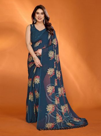 LATEST CHIFFON FOIL PRINTED SAREE WITH UNSTITCHED BLOUSE TEAL