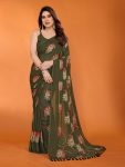 LATEST CHIFFON FOIL PRINTED SAREE WITH UNSTITCHED BLOUSE MEHNDI