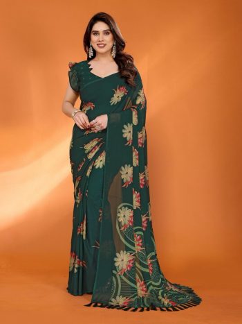 LATEST CHIFFON FOIL PRINTED SAREE WITH UNSTITCHED BLOUSE GREEN