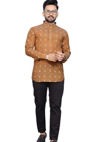 LATEST COTTON SLUB PRINTED MEN'S SHORT KURTA  BROWN