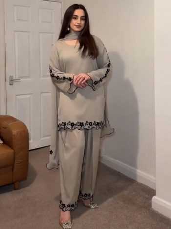 LATEST GEORGETTE EMBROIDERY WITH MIRROR WORK TOP PALAZZO WITH DUPATTA  GREY