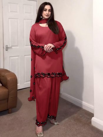 LATEST GEORGETTE EMBROIDERY WITH MIRROR WORK TOP PALAZZO WITH DUPATTA  MAROON