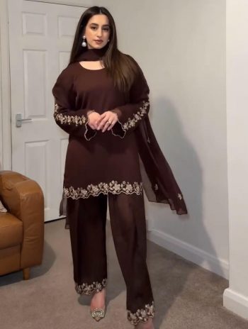 LATEST GEORGETTE EMBROIDERY WITH MIRROR WORK TOP PALAZZO WITH DUPATTA  BROWN