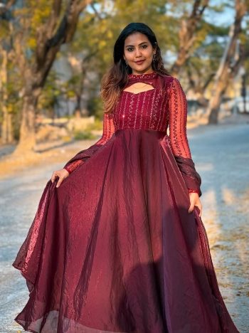 LATEST JIMMY CHOO EMBROIDERY SEQUENCE WORK GOWN BOTTOM WITH DUPATTA MAROON