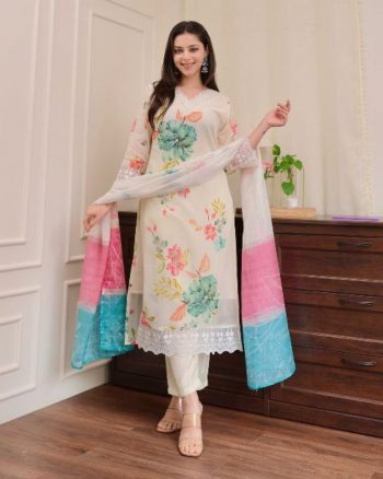 LATEST NYLON TABBY SILK PRINTED EMBROIDERY WORK TOP BOTTOM WITH DUPATTA OFF WHITE