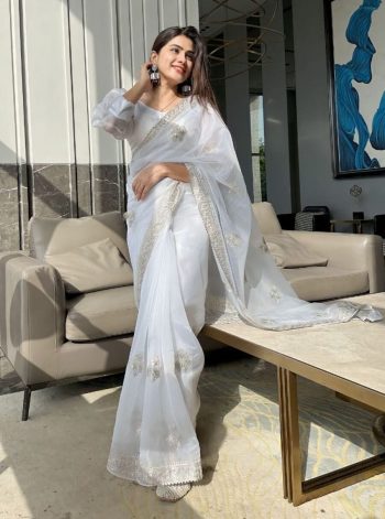 LATEST ORGANZA  MULTI THREAD WORK SILVER TONE ZARI WORK  AND LACE BORDER WORK SAREE WITH UNSTITCHED BLOUSE WHITE