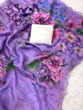 LATEST TABBY SILK PRINTED HANDWORK SAREE WITH UNSTITCHED BLOUSE LAVENDER