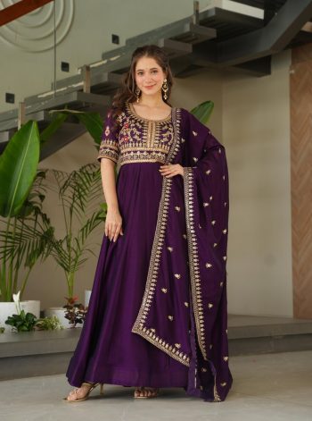 LATEST VICHITRA SILK SEQUENCE ZARI EMBROIDERY WORK GOWN WITH DUPATTA PURPLE