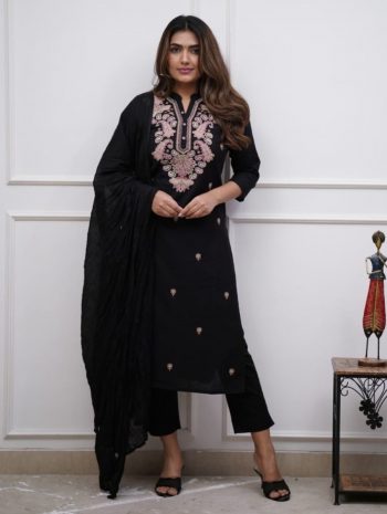 LATEST VISCOSE CHANDERI EMBROIDERY WORK TOP BOTTOM WITH DUPATTA  BLACK