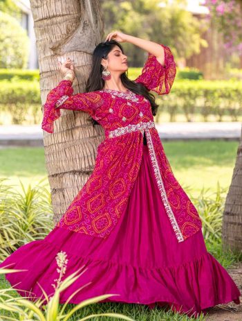 MOST PICKED BANDHEJ PRINTED EMBROIDERY THREAD WORK TOP WITH LEHENGA RANI
