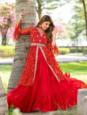 MOST PICKED BANDHEJ PRINTED EMBROIDERY THREAD WORK TOP WITH LEHENGA RED