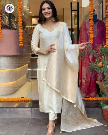 MOST PICKED CHANDERI SILK EMBROIDERY WORK TOP BOTTOM WITH DUPATTA WHITE