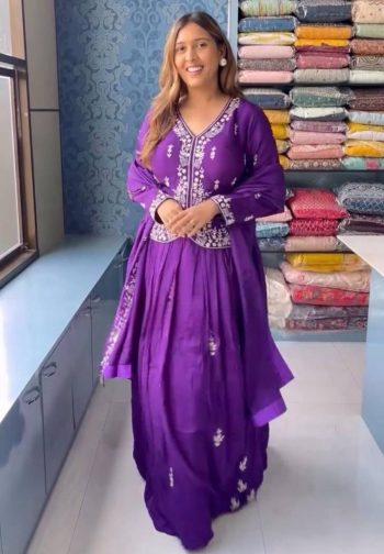 MOST PICKED CHINON EMBROIDERY SEQUENCE WORK STITCHED CROP TOP LEHENGA WITH DUPATTA PURPLE