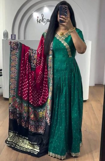 MOST PICKED CHINON EMBROIDERY THREAD SEQUENCE WORK GOWN WITH DUPATTA GREEN