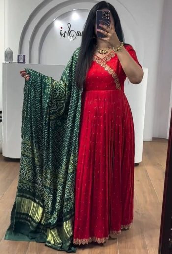 MOST PICKED CHINON EMBROIDERY THREAD SEQUENCE WORK GOWN WITH DUPATTA RED