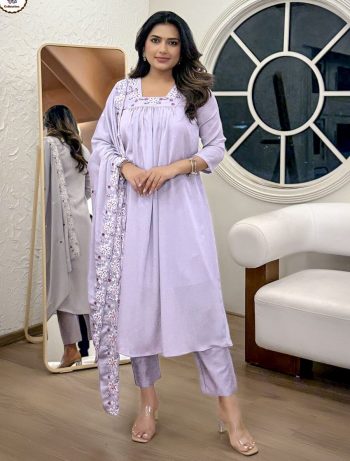 MOST PICKED CHINON EMBROIDERY WORK TOP BOTTOM WITH DUPATTA LAVENDER