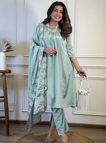 MOST PICKED CHINON EMBROIDERY WORK TOP BOTTOM WITH DUPATTA SKY