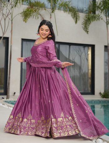 MOST PICKED CHINON EMBROIDERY ZARI SEQUENCE WORK GOWN WITH DUPATTA PINK
