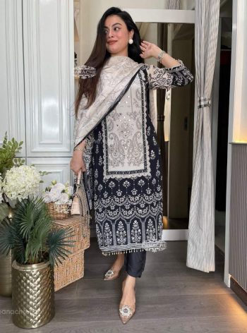 MOST PICKED CHINON PRINTED MIRROR LACE WORK TOP BOTTOM WITH DUPATTA WHITE