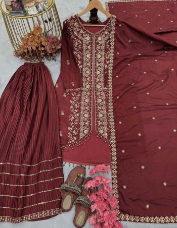MOST PICKED CHINON SILK SEQUENCE EMBROIDERY WORK TOP PALAZZO WITH DUPATTA MAROON