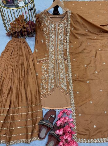 MOST PICKED CHINON SILK SEQUENCE EMBROIDERY WORK TOP PALAZZO WITH DUPATTA CHIKU
