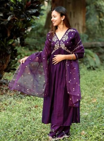 MOST PICKED CHINON SILK ZARI SEQUENCE EMBROIDERY WORK ALIA CUT GOWN PALAZZO WITH DUPATTA PURPLE