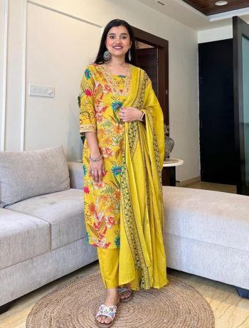 MOST PICKED COTTON PRINTED EMBROIDERY WORK TOP BOTTOM WITH DUPATTA YELLOW