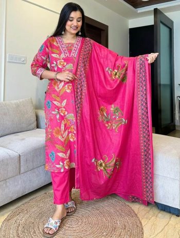 MOST PICKED COTTON PRINTED EMBROIDERY WORK TOP BOTTOM WITH DUPATTA PINK