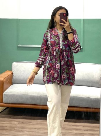 MOST PICKED COTTON PRINTED ONLY SHORT KURTI PURPLE