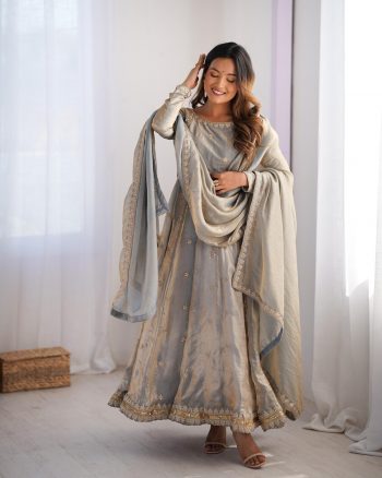 MOST PICKED FANDY SILK CODING SEQUENCE WORK GOWN BOTTOM WITH DUPATTA GREY
