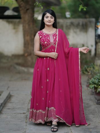 MOST PICKED GEORGETTE EMBROIDERY WORK SLEEVELESS ALIA CUT GOWN WITH DUPATTA PINK