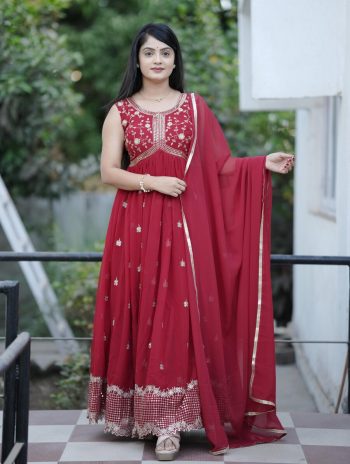 MOST PICKED GEORGETTE EMBROIDERY WORK SLEEVELESS ALIA CUT GOWN WITH DUPATTA MAROON
