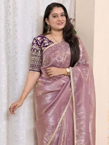MOST PICKED GOLD CRUSH WEAVING EMBROIDERY LACE WORK SAREE WITH STITCHED BLOUSE BABY PINK