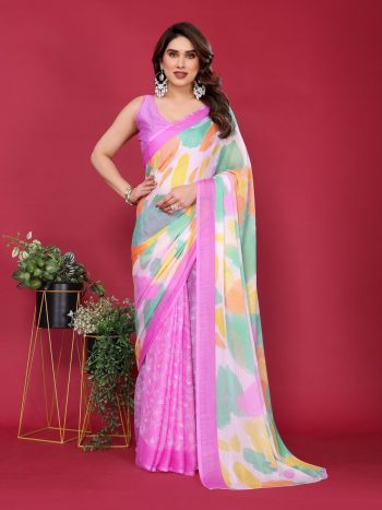 MOST PICKED MOSS CHIFFON SILK DIGITAL PRINTED SAREE WITH UNSTITCHED BLOUSE PINK