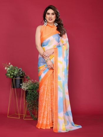 MOST PICKED MOSS CHIFFON SILK DIGITAL PRINTED SAREE WITH UNSTITCHED BLOUSE ORANGE