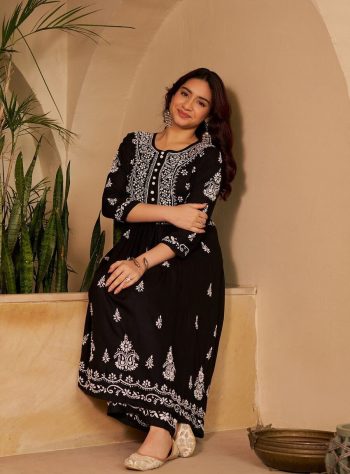 MOST PICKED RAYON EMBROIDERY THREAD WORK KURTI WITH PALAZZO SET BLACK