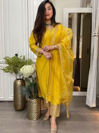 MOST PICKED ROMAN SILK SEQUENCE EMBROIDERY AND MIRROR LACE WORK  TOP BOTTOM WITH DUPATTA YELLOW