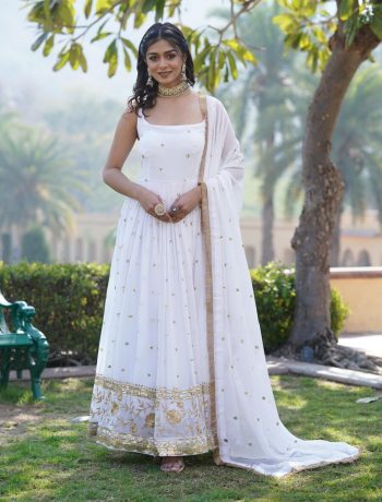 NEW ARRIVAL BLOOMING GEORGETTE EMBROIDERY SEQUENCE WORK GOWN WITH DUPATTA WHITE