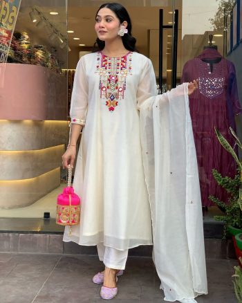 NEW ARRIVAL CHANDERI SILK EMBROIDERY WORK TOP BOTTOM WITH DUPATTA WHITE