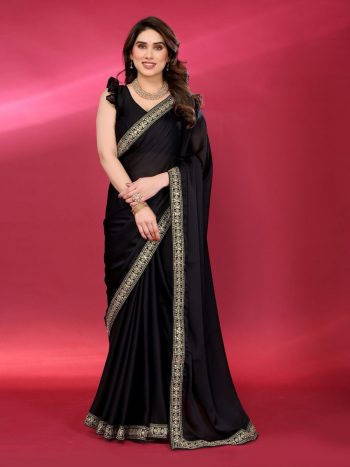 NEW ARRIVAL CHIFFON EMBROIDERY LACE WORK SAREE WITH UNSTITCHED BLOUSE BLACK