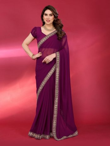 NEW ARRIVAL GEORGETTE EMBROIDERY LACE WORK SAREE WITH UNSTITCHED BLOUSE PURPLE