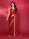 NEW ARRIVAL CHIFFON EMBROIDERY LACE WORK SAREE WITH UNSTITCHED BLOUSE RED